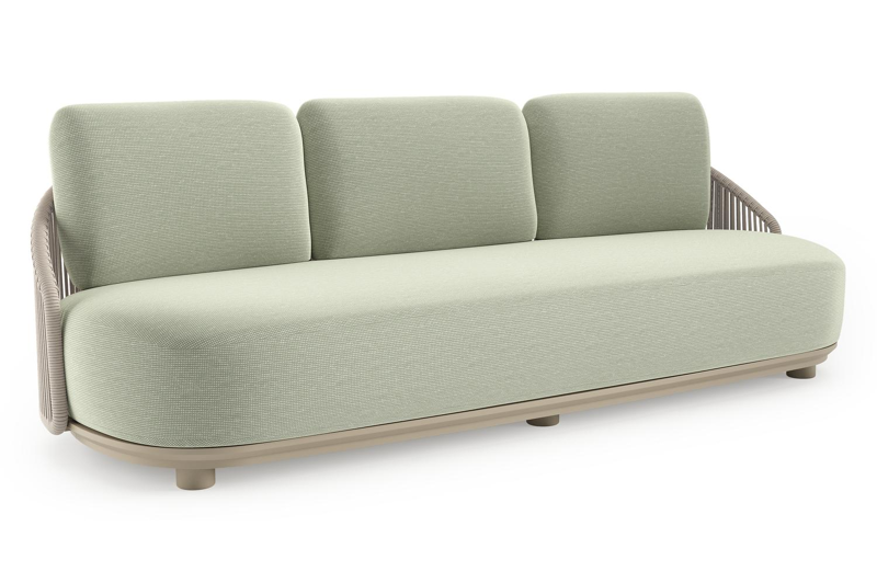 Vadelo loungebank in beige aluminium en beige verticaal geweven ronde rope met slow spirea all weather sunbrella® luxe kussen