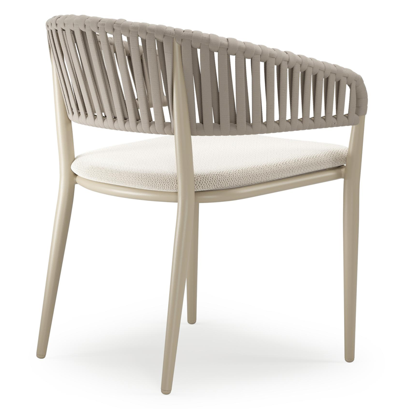 Tolfa stapelbare tuinstoel in beige aluminium en beige verticaal geweven luxe vlakke brede rope met stoelkussen in All Weather Sunbrella® Luxe Lopi Marble