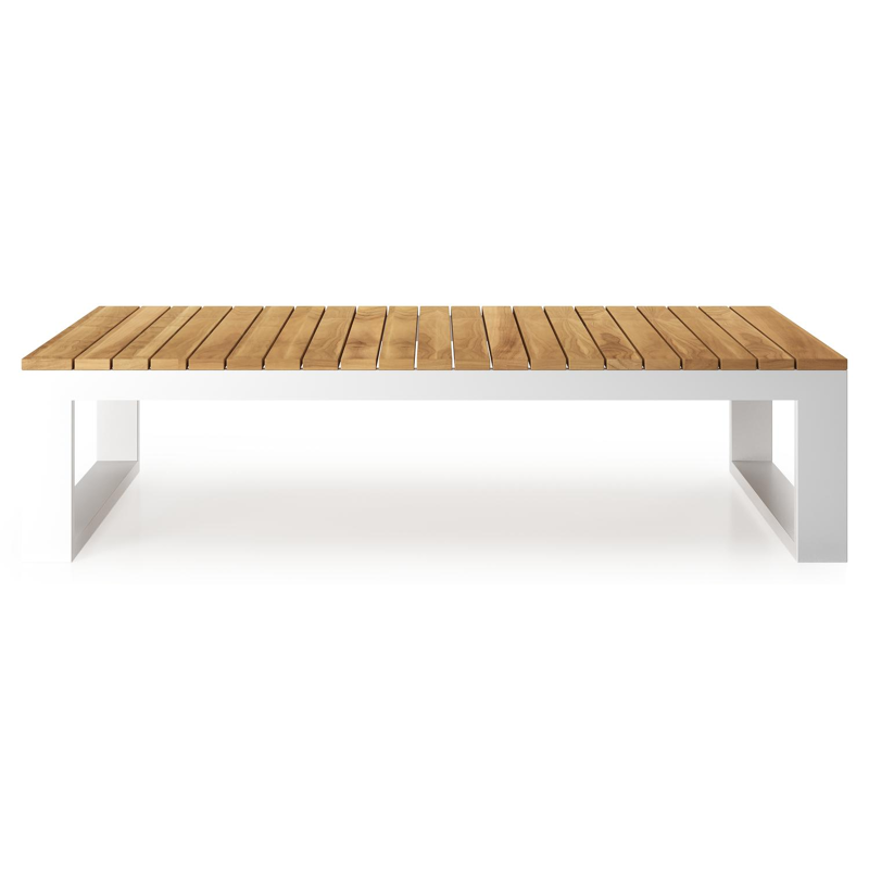 Table basse Verato en aluminium blanc et teck naturel - Lg 163 x larg. 88 x H 41 cm