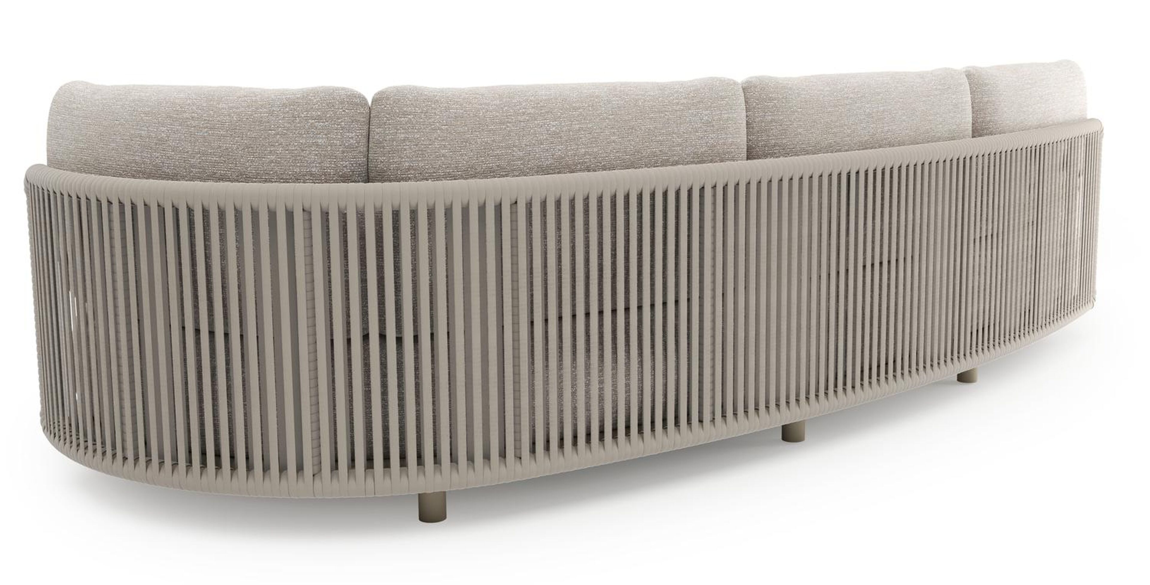 Canapé de jardin Lomano en aluminium beige et corde luxe plate tissée verticalement beige et coussins en all weather sunbrella® luxe tundra sand