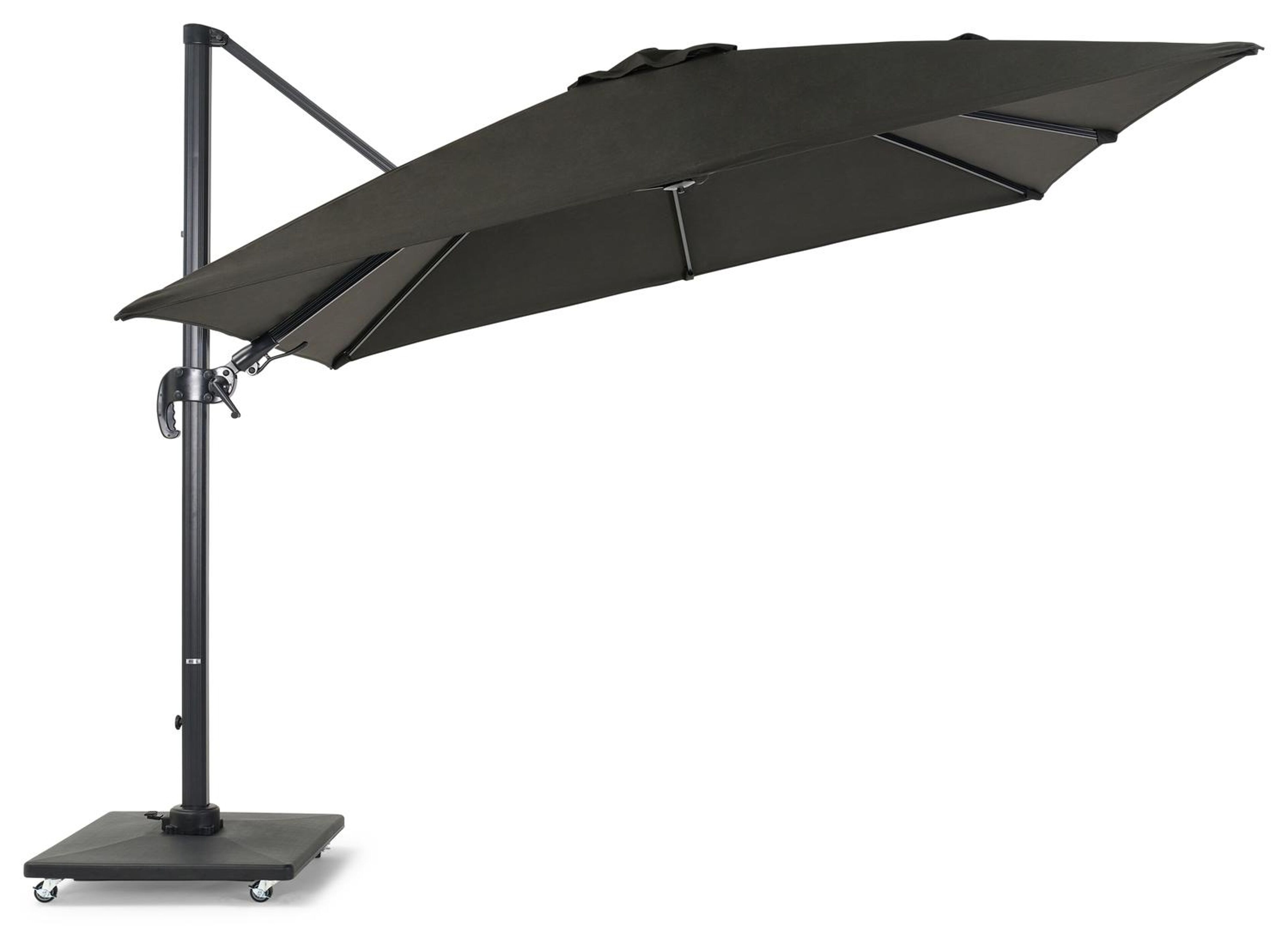 Avola zweefparasol met tiltfunctie in zwart aluminium met zwart weather+ softtouch parasoldoek - L1 300 x L2 300 cm (met voet)