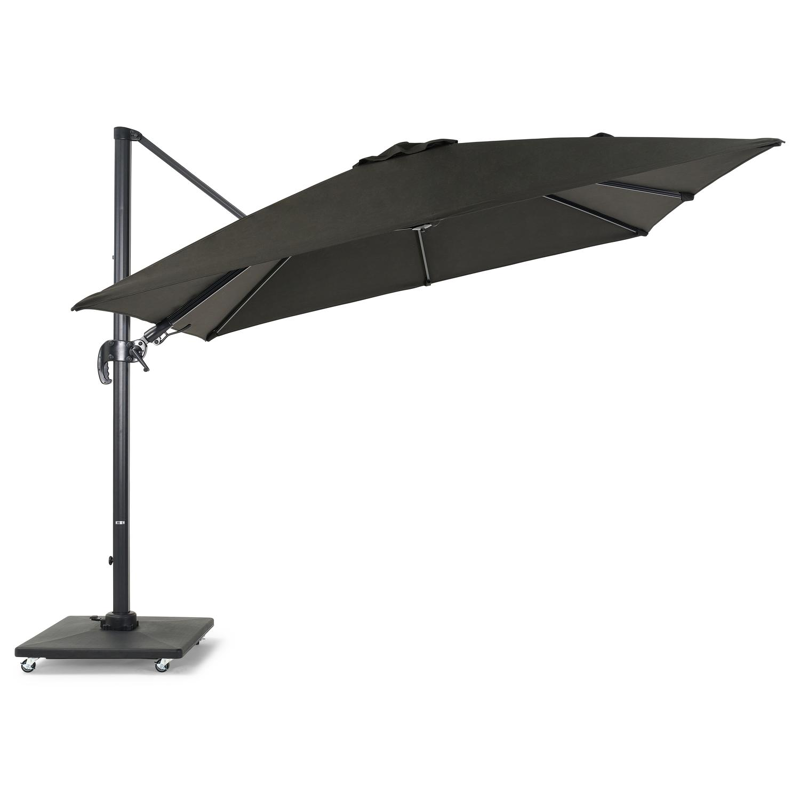 Avola zweefparasol met tiltfunctie in zwart aluminium met zwart weather+ softtouch parasoldoek - L1 300 x L2 300 cm (met voet)
