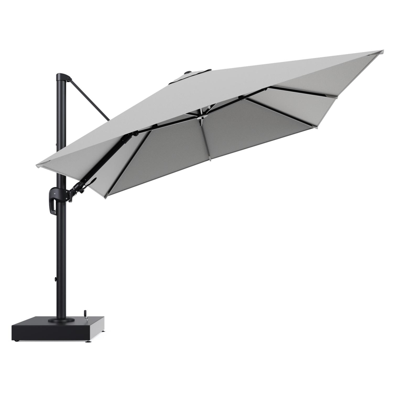 Rufina zweefparasol met tiltfunctie in zwart aluminium en Savane Nimbus All Weather Sunbrella® Luxe parasoldoek - L1 300 x L2 300 cm met parasolvoet Minore 150 kg met wielen