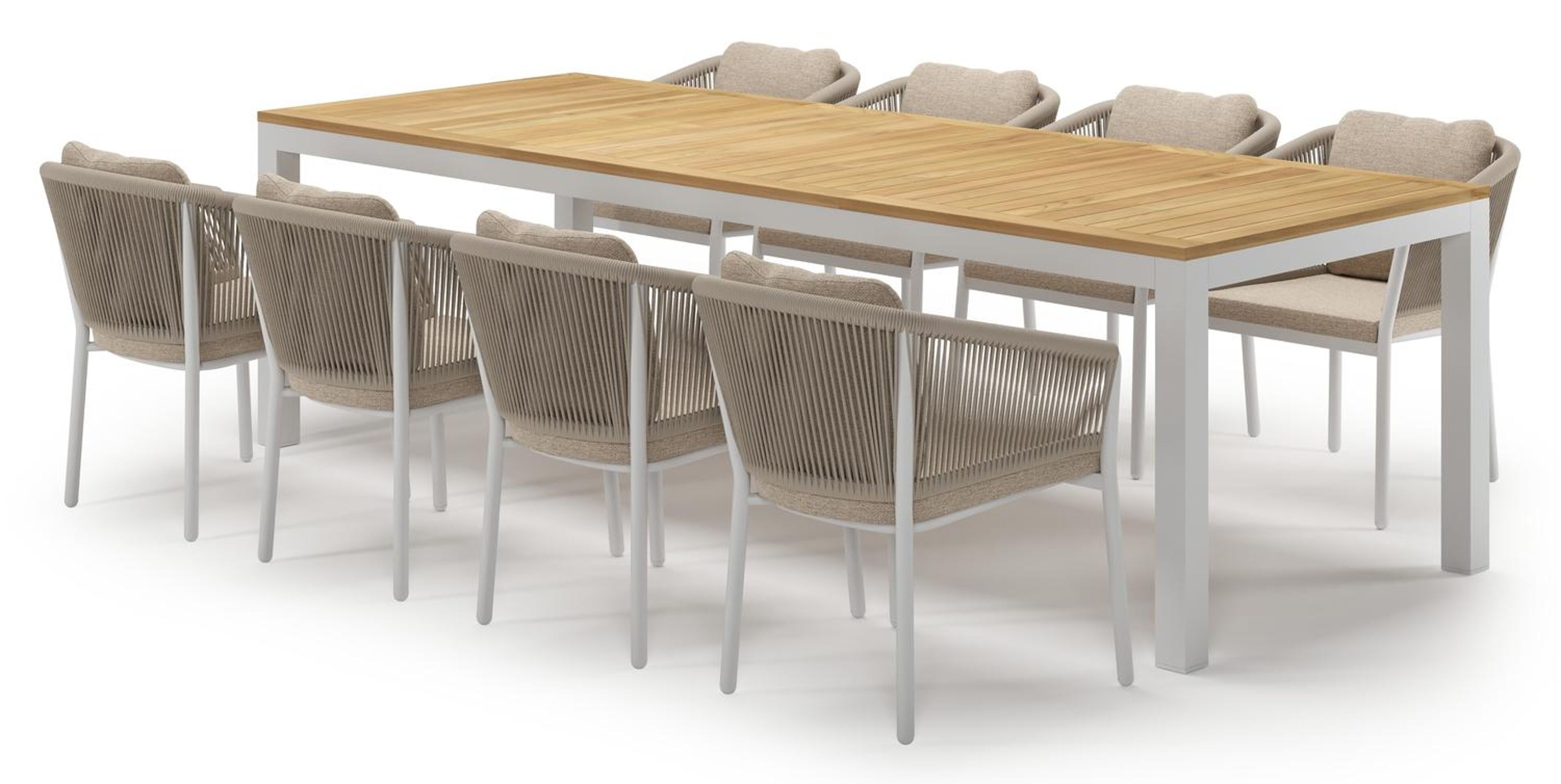 Varese tuinset in wit aluminium en teak met 8 Gerona tuinstoelen