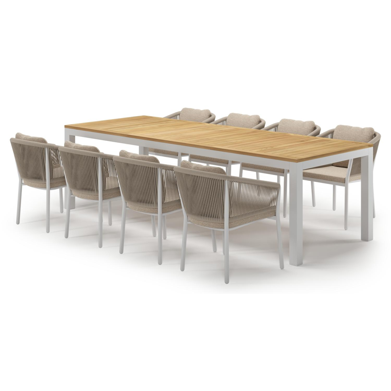 Varese tuinset in wit aluminium en teak met 8 Gerona tuinstoelen
