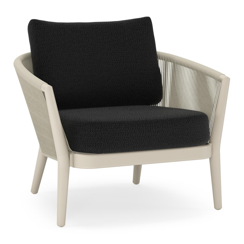 Fauteuil de jardin Orso en aluminium beige en corde ronde tissée verticalement beige et coussins en all weather sunbrella® luxe Lopi Baribal