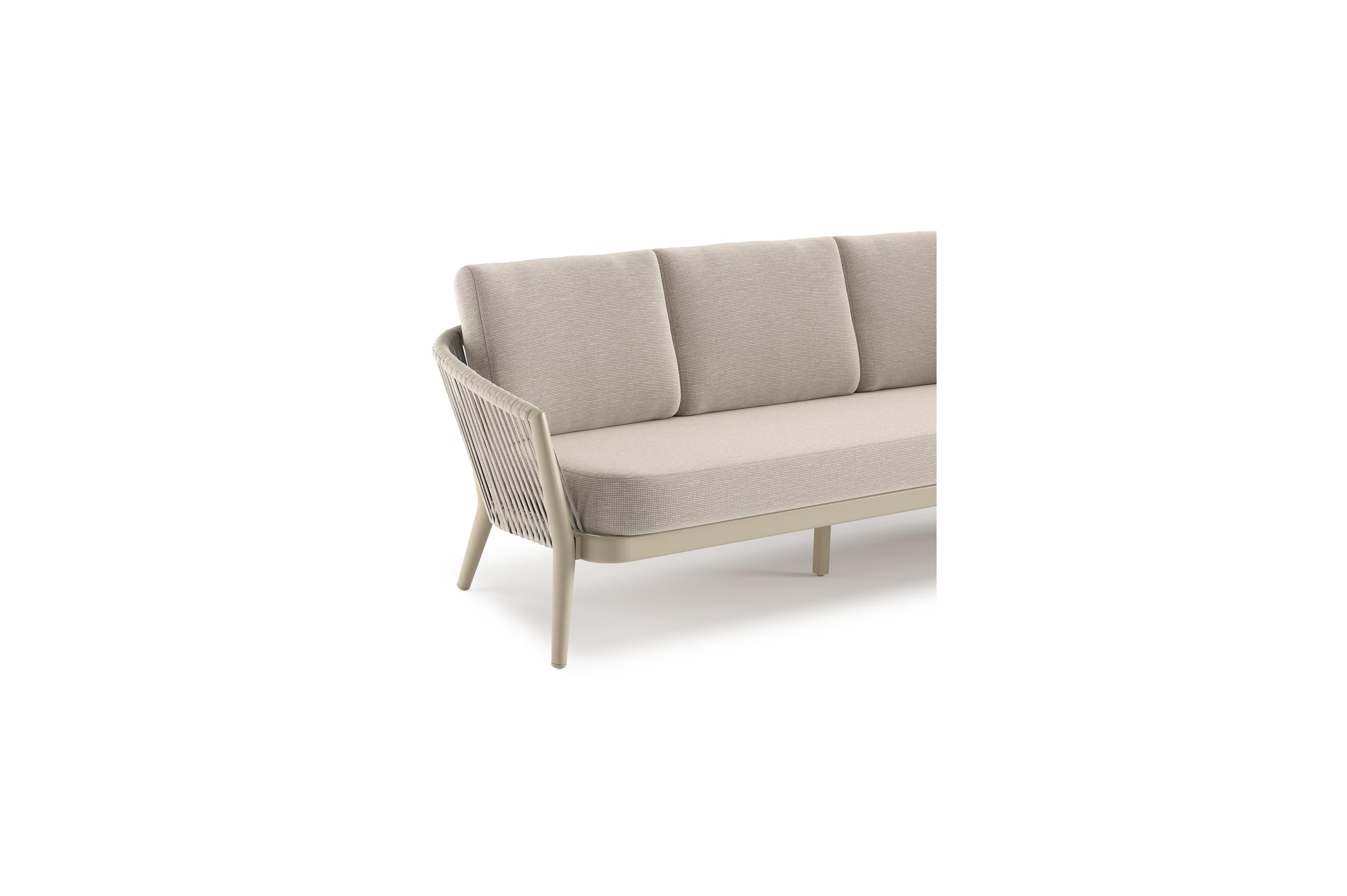 Orso loungeset in beige aluminium en beige verticaal geweven luxe vlakke rope met Slow Farafra all weather sunbrella® luxe kussen