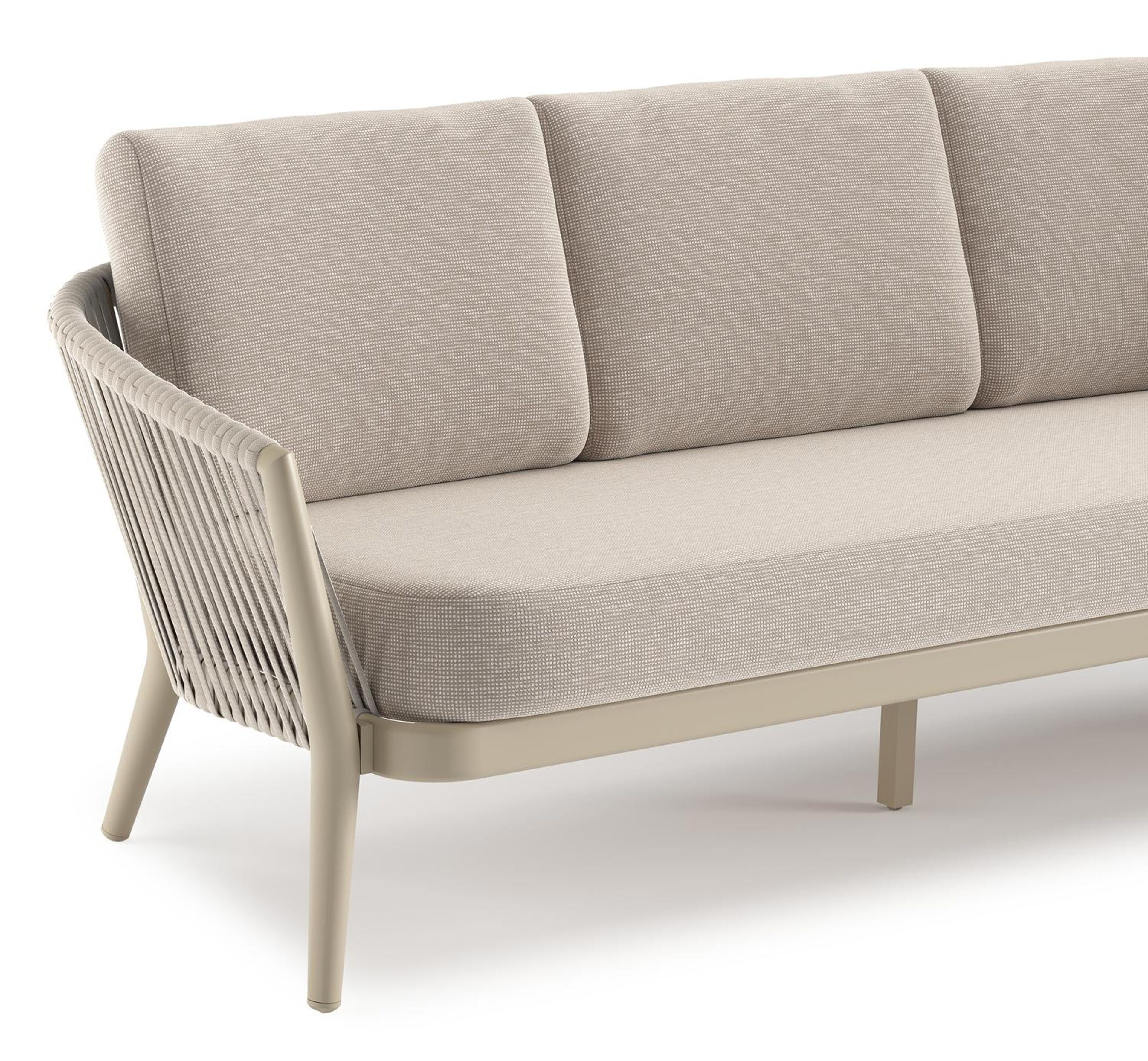 Orso loungeset in beige aluminium en beige verticaal geweven luxe vlakke rope met Slow Farafra all weather sunbrella® luxe kussen