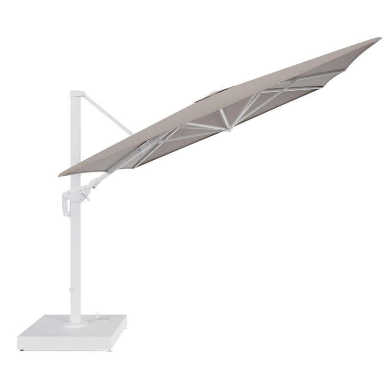 Parasol pendant Minore avec fonction tilt en aluminium blanc et toile de parasol All Weather Solica Firenze Earth - Lg.1 400 x Lg.2 300 cm avec pied de parasol Minore 260 kg avec roulettes
