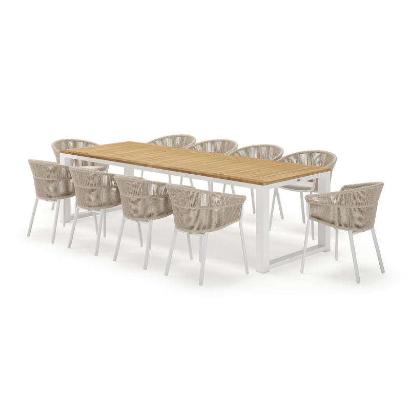 Livo ensemble de jardin rectangulaire en aluminium blanc en teck natural finish avec 10 chaises de jardin Matera