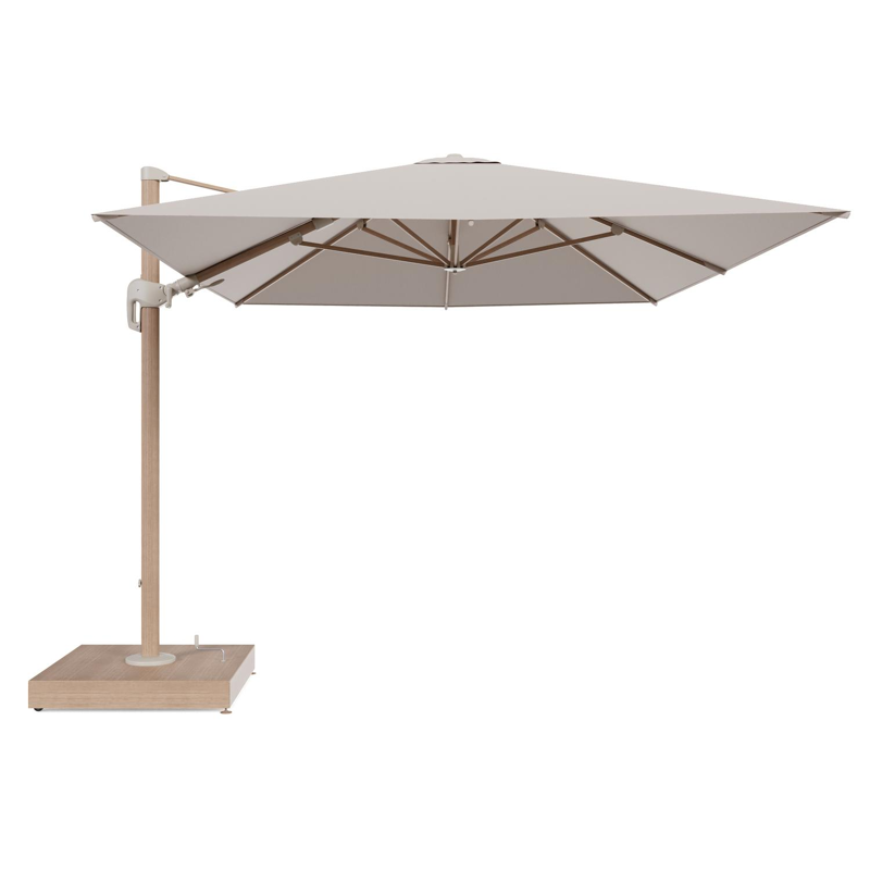 Rufina zweefparasol met tiltfunctie in houtlook aluminium en Wander Pilat All Weather Sunbrella® Luxe parasoldoek - L1 400 x L2 300 cm met parasolvoet Minore 260 kg met wielen