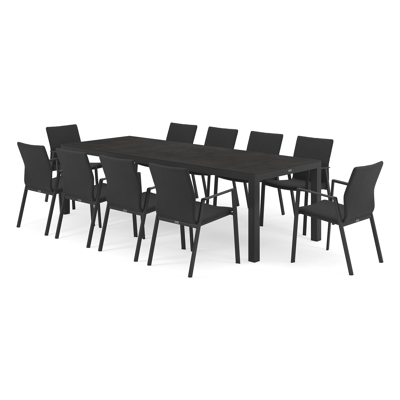 Ensemble de jardin Varese en aluminium noir avec plateau de table en céramique pleine noir et 10 chaises de jardin empilables Madura