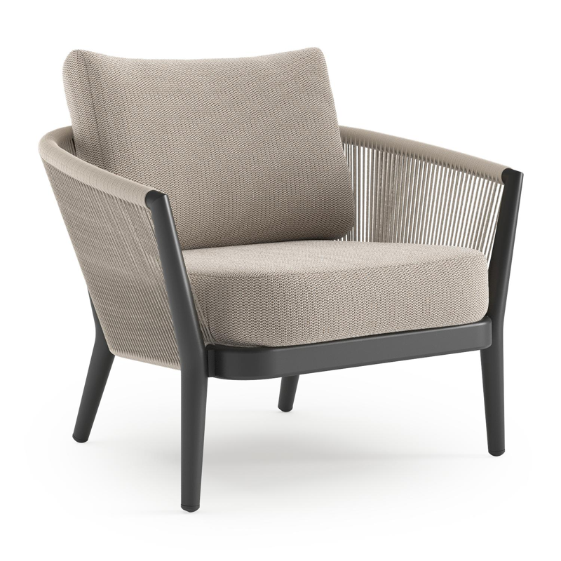 Fauteuil de jardin Orso en aluminium noir en corde ronde tissée verticalement beige et coussins en all weather sunbrella® luxe Lopi Fossil