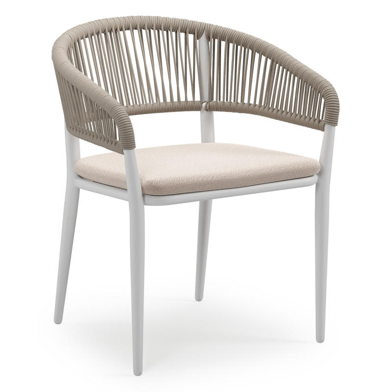 Tolfa stapelbare tuinstoel in wit aluminium en beige verticaal geweven ronde rope met stoelkussen in All Weather Sunbrella® Luxe Wander Pilat