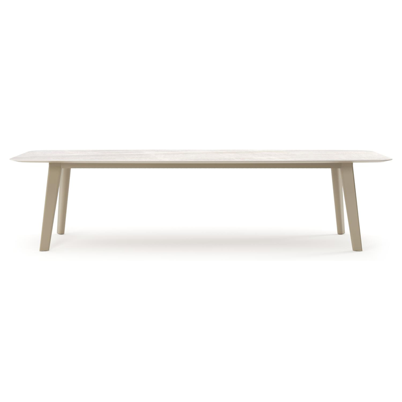 Table de jardin Lacrima forme de bateau en aluminium beige et céramique pleine Taj Mahal - Lg. 315 x Lrg. 115 x Haut. 73 cm