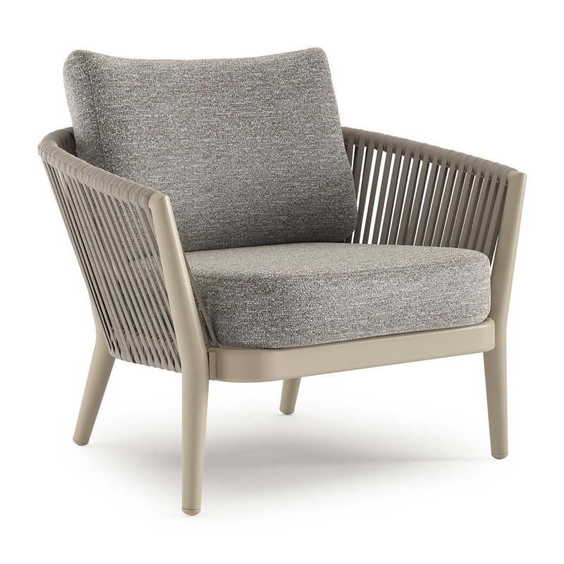 Fauteuil de jardin Orso en aluminium beige en corde luxe plate tissée verticalement beige et coussins en all weather sunbrella® luxe Tundra Pepper