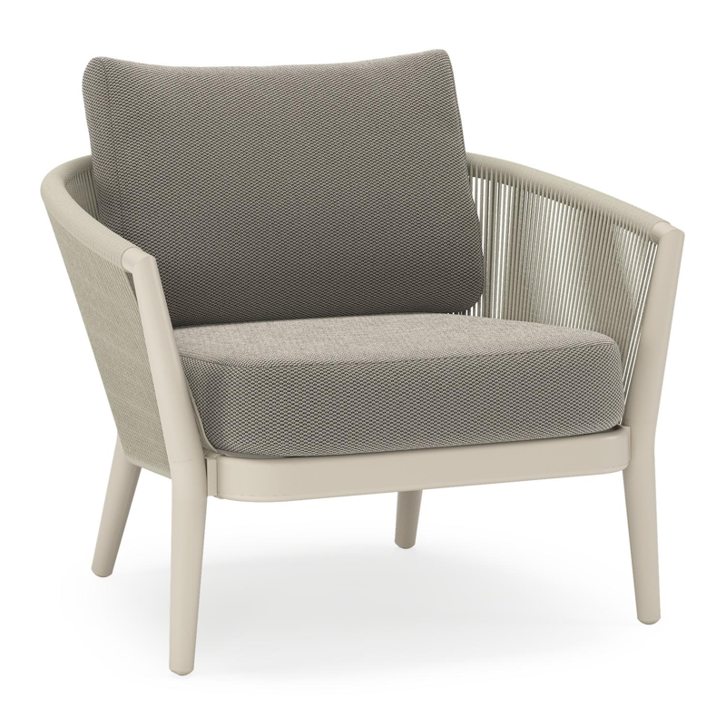 Fauteuil de jardin Orso en aluminium beige en corde ronde tissée verticalement beige et coussins en all weather sunbrella® luxe Lopi Charcoal