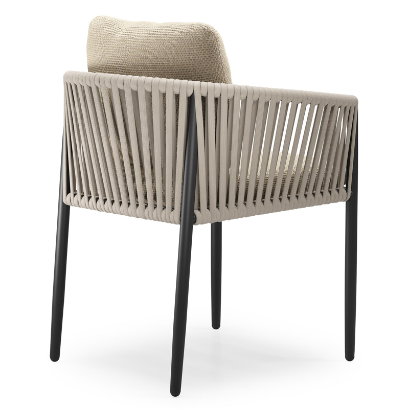 Organo tuinstoel in zwart aluminium en beige verticaal geweven luxe vlakke rope met zitkussen in All Weather Cosytica Althea Camel