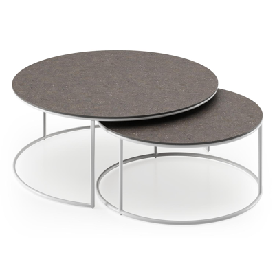 Fano set van 2 loungetafels rond in wit aluminium en volkeramiek Wulong - Dia. 85/65 x H 35/30 cm