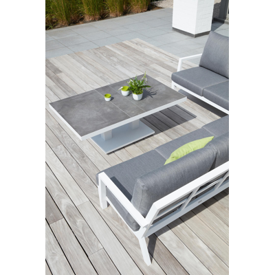 Pop-up loungetafel in wit aluminium en grijs volkeramiek - L 140 x B 85 x H 72 cm