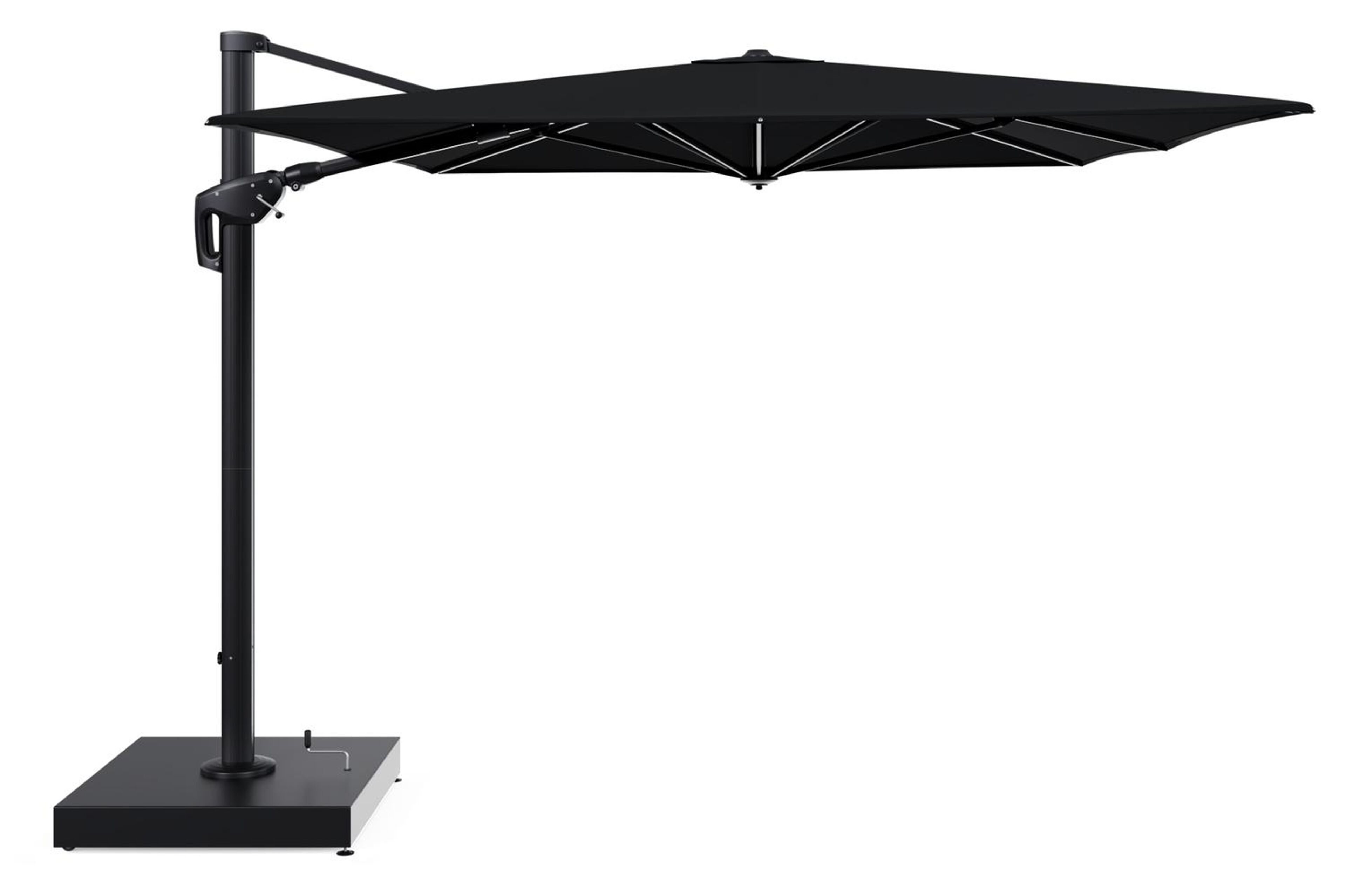 Parasol pendant Minore avec fonction tilt en aluminium noir et toile de parasol All Weather Sunbrella® Premium noir - Lg.1 400 x Lg.2 300 cm avec pied de parasol Minore 260 kg avec roulettes
