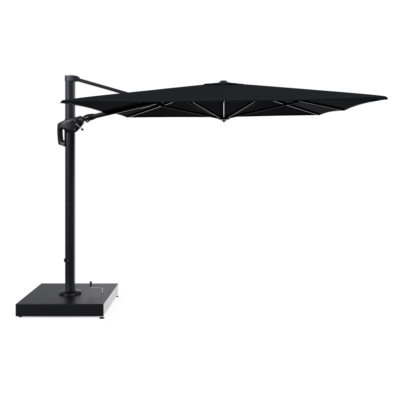 Parasol pendant Minore avec fonction tilt en aluminium noir et toile de parasol All Weather Sunbrella® Premium noir - Lg.1 400 x Lg.2 300 cm avec pied de parasol Minore 260 kg avec roulettes