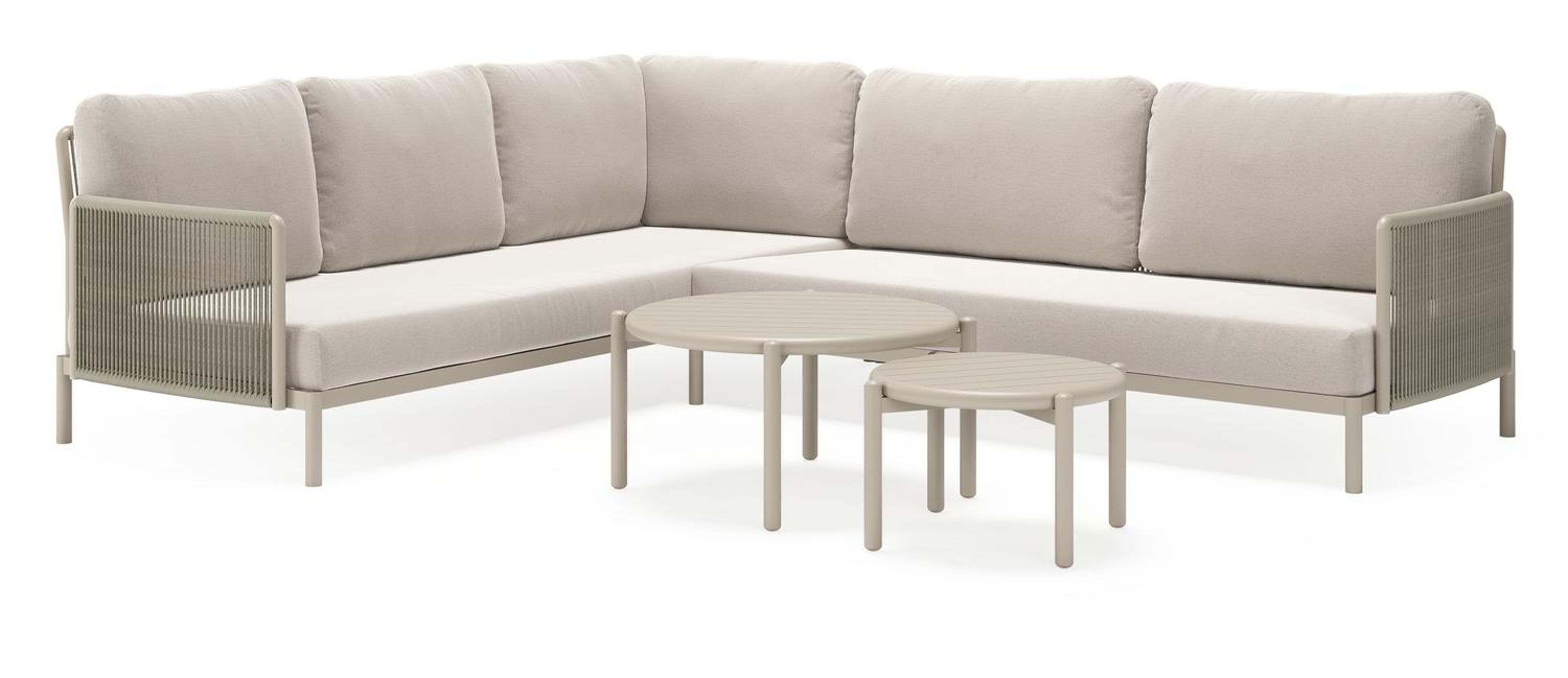 Amarante loungehoek in beige aluminium en beige verticaal geweven ronde rope met beige Weather+ Softtouch kussen