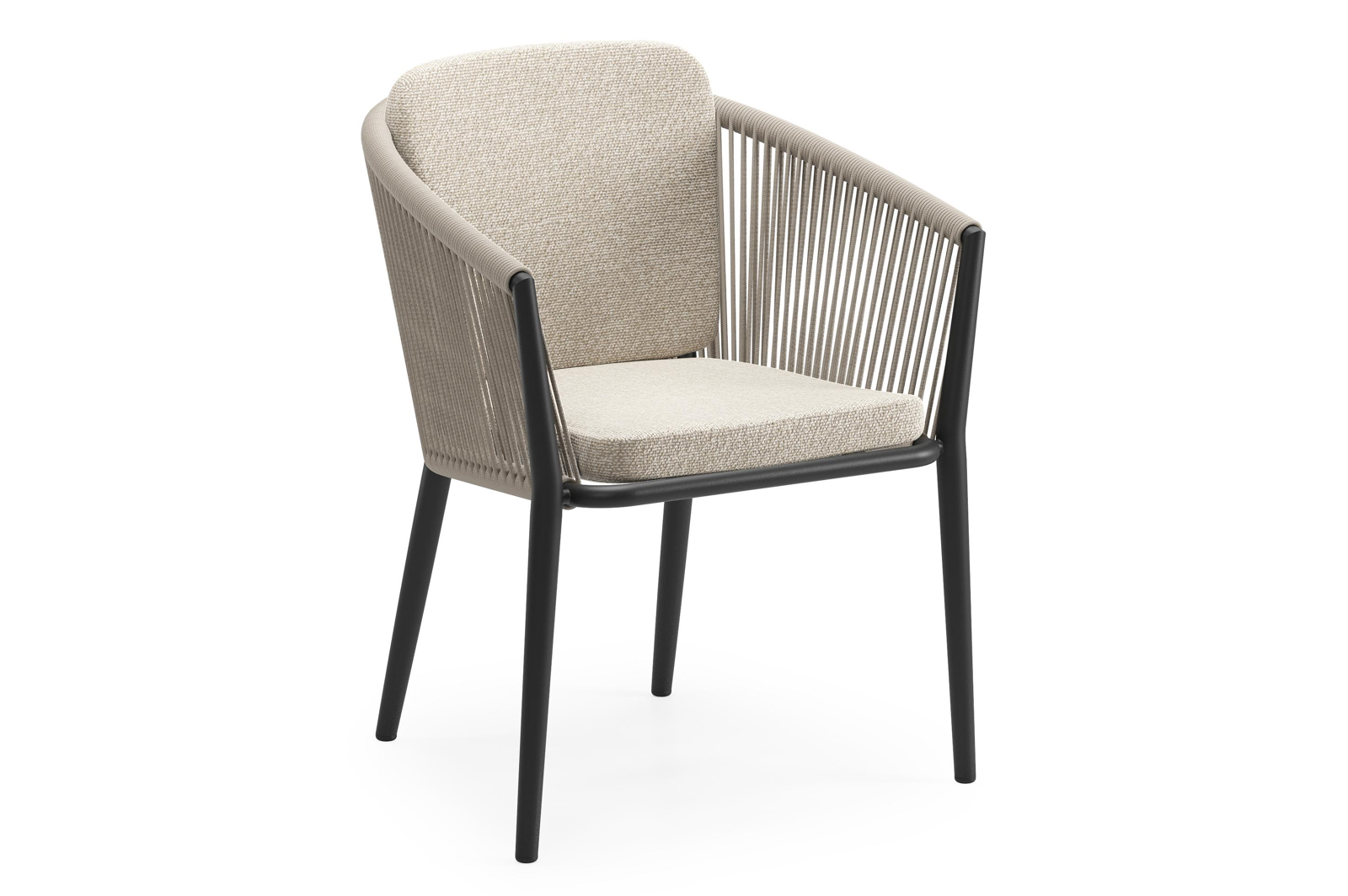 Orso tuinstoel in zwart aluminium en beige verticaal geweven ronde rope met zitkussen in All Weather Cosytica Marbella Ecru