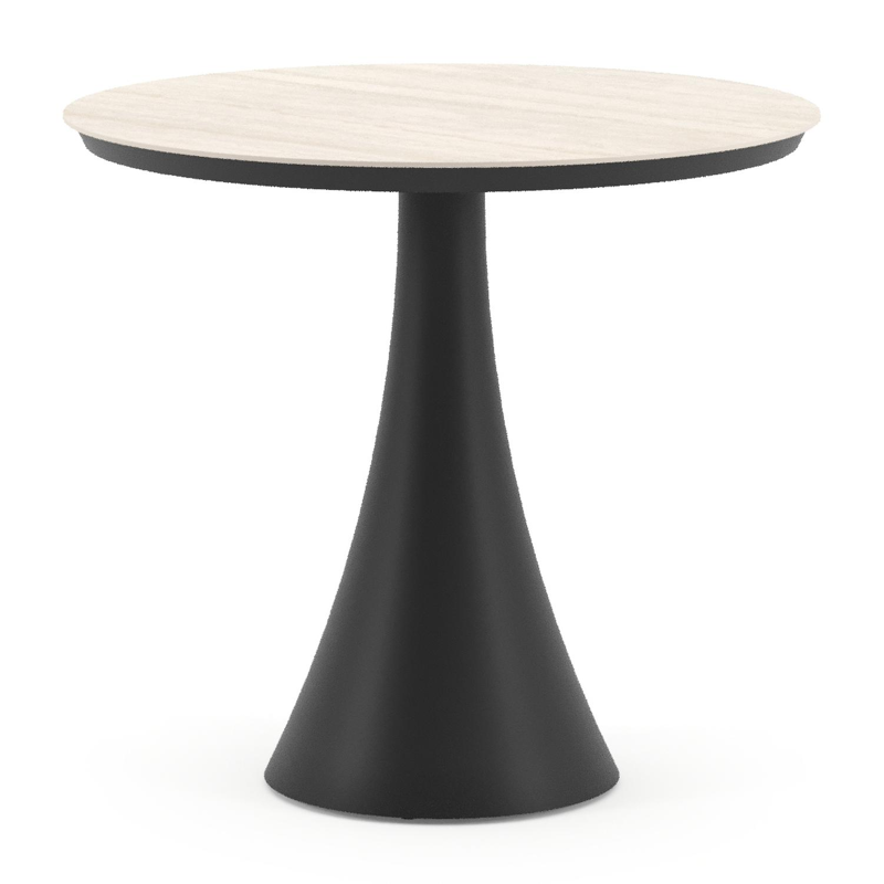 Table de jardin Fano ronde en aluminium noir et céramique pleine Travertino Bianco - Diam. 85 x Haut. 74 cm