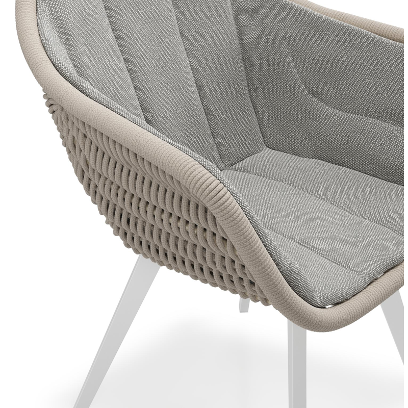 Pagino tuinstoel in wit aluminium en beige verticaal geweven ronde rope met zitkussen in All Weather Sunbrella® Luxe Savane Zinc