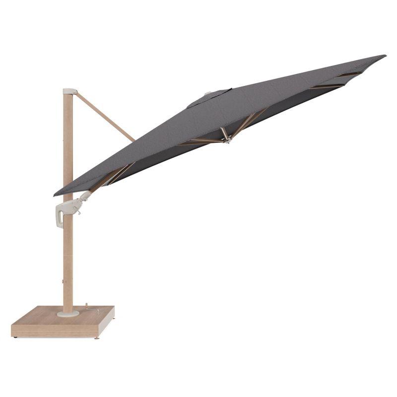 Minore zweefparasol met tiltfunctie in houtlook aluminium en Firenze Tunder All Weather Solica parasoldoek - L1 280 x L2 370 cm met parasolvoet Minore 260 kg met wielen