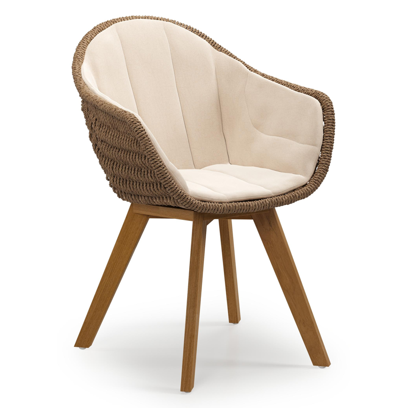 Pagino tuinstoel in teak en bruin ronde wicker met zitkussen in All Weather Sunbrella® Luxe Natte Linen Chalk