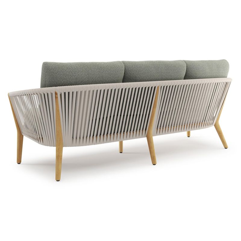 Orso loungebank in teak en beige verticaal geweven luxe vlakke rope met Savane Leaf all weather sunbrella® luxe kussen