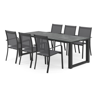Livo tuinset in zwart aluminium en grijs keramisch glas tafelblad met 6 stapelbare Calobra tuinstoelen