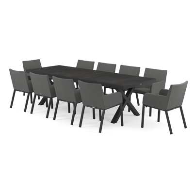 Reza tuinset in zwart aluminium en zwart volkeramiek tafelblad met 10 Rivo tuinstoelen