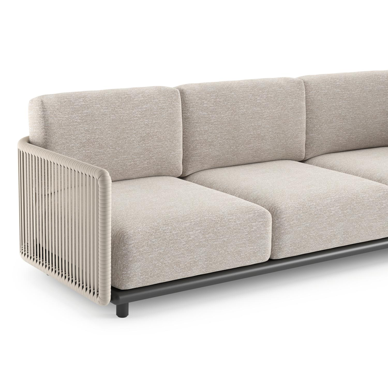 Organo loungehoek in zwart aluminium en beige verticaal geweven luxe vlakke rope met tundra sand all weather Sunbrella® luxe kussen