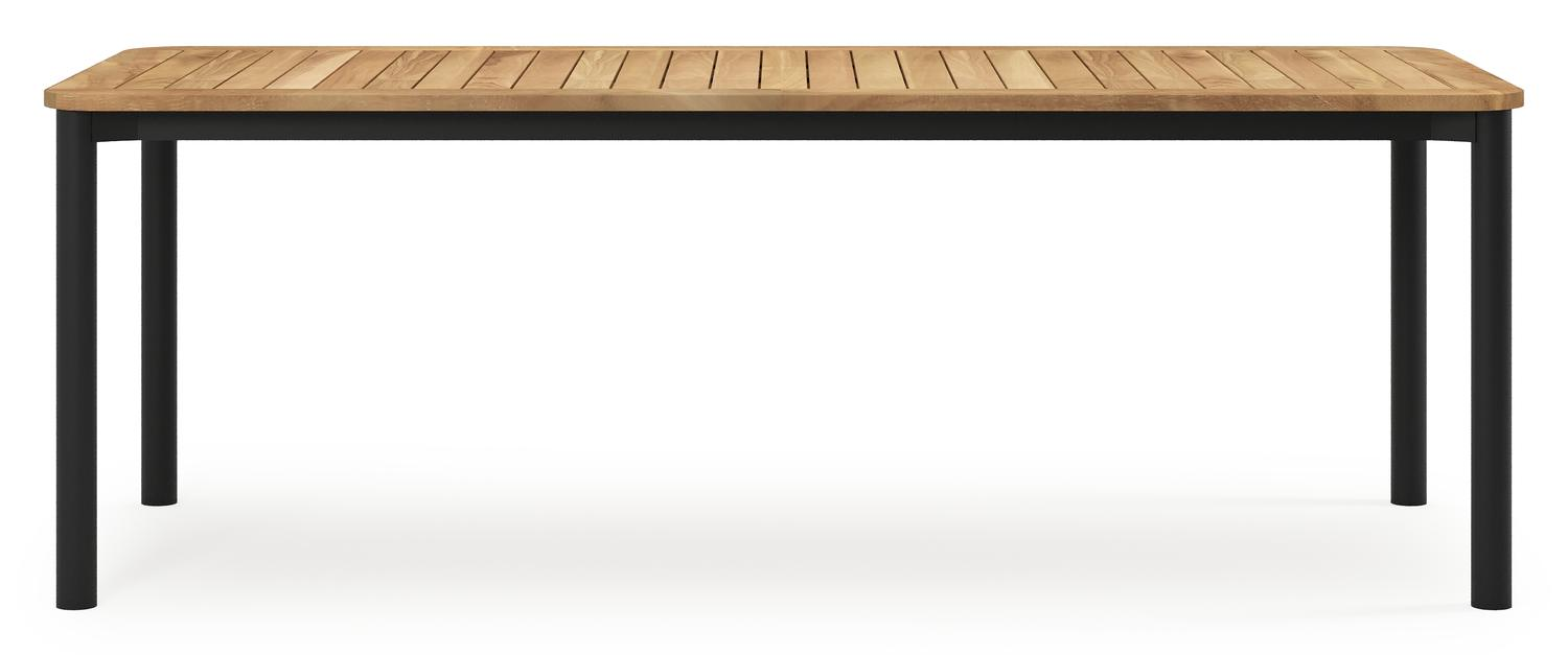 Mira rechthoekige afgeronde tuinset in zwart aluminium en teak natural finish met 6 Artena tuinstoelen