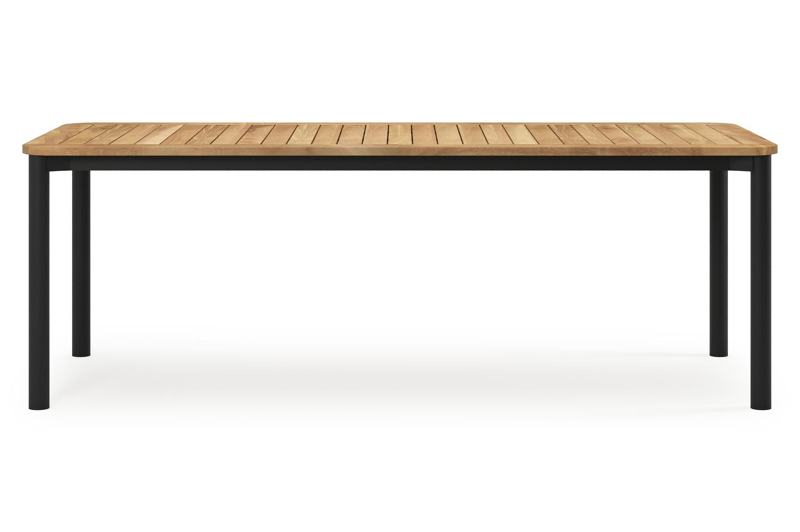 Mira rechthoekige afgeronde tuinset in zwart aluminium en teak natural finish met 8 Calobra tuinstoelen