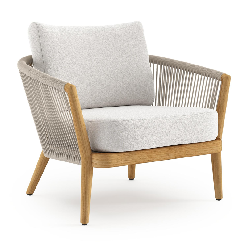 Fauteuil de jardin Orso en tecken corde ronde tissée verticalement beige et coussins en all weather solica Soul Optik