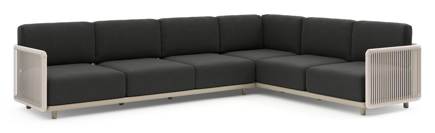 Organo loungehoek in beige aluminium en beige verticaal geweven luxe vlakke rope met chartres sooty all weather sunbrella® luxe kussens