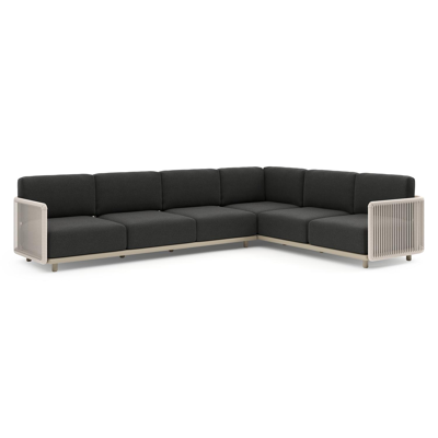 Organo loungehoek in beige aluminium en beige verticaal geweven luxe vlakke rope met chartres sooty all weather sunbrella® luxe kussens