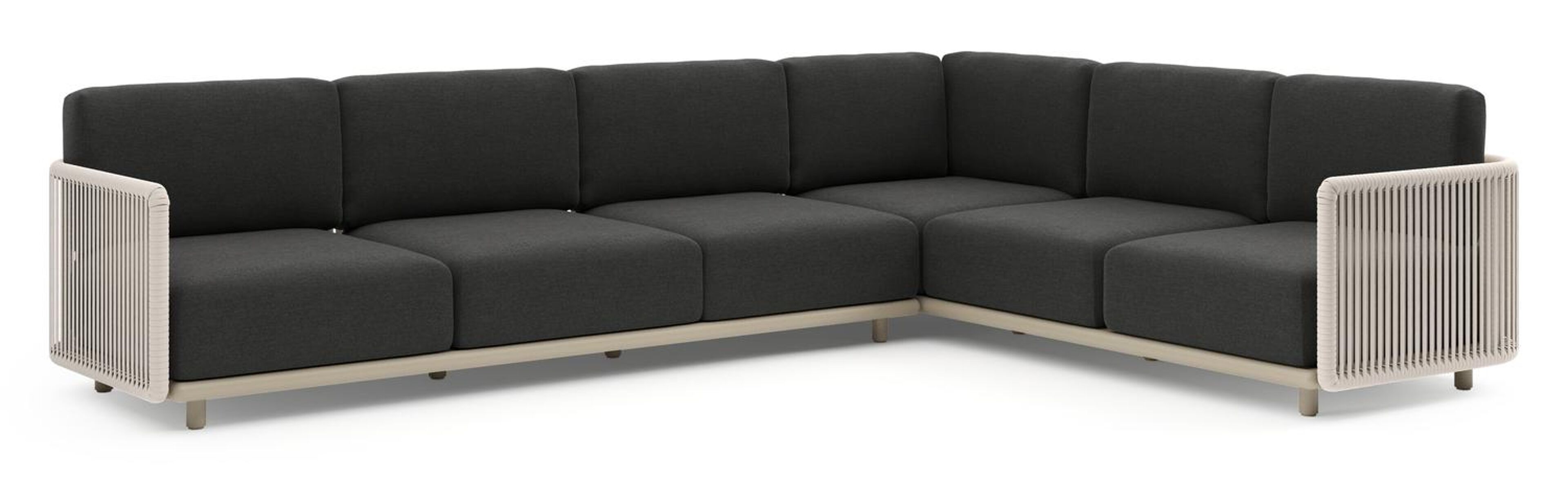 Organo loungehoek in beige aluminium en beige verticaal geweven luxe vlakke rope met chartres sooty all weather sunbrella® luxe kussens