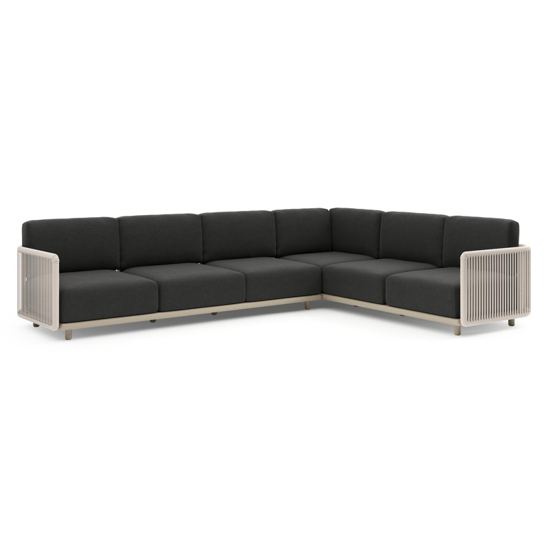 Organo loungehoek in beige aluminium en beige verticaal geweven luxe vlakke rope met chartres sooty all weather sunbrella® luxe kussens