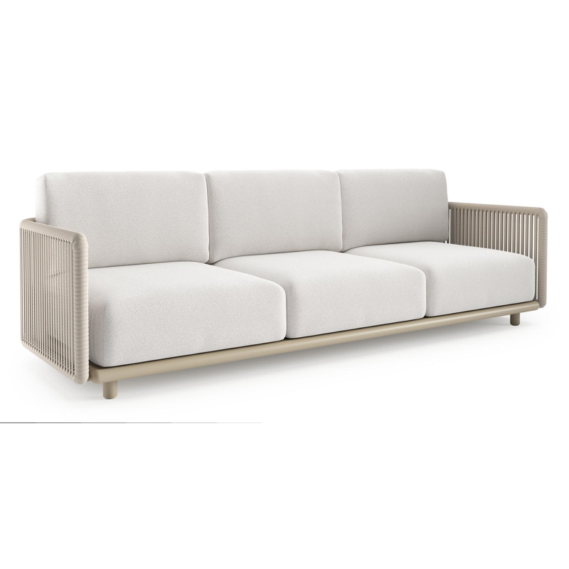 Canapé de jardin Organo en aluminium beige et corde luxe plate tissée verticalement beige et coussin en all weather Solica soul optik