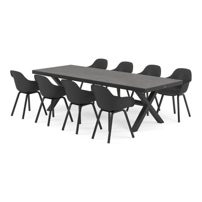 Reza tuinset in zwart aluminium en grijs volkeramiek tafelblad met 8 Puglia tuinstoelen