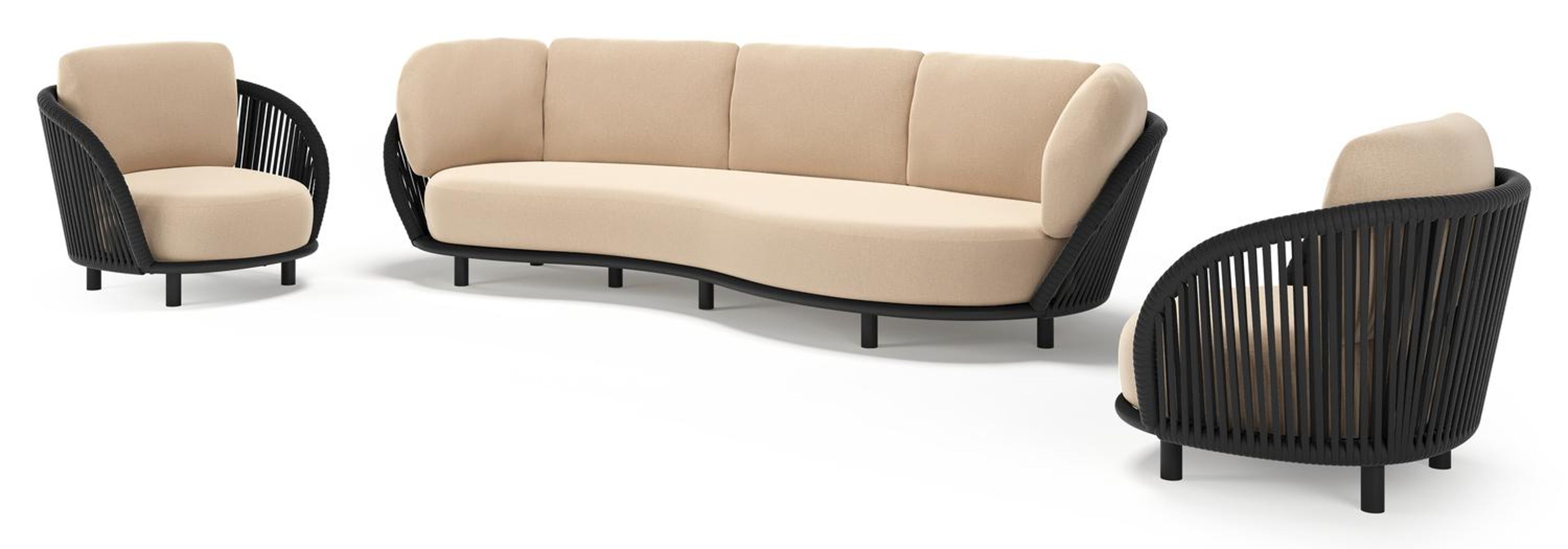 Lupino loungeset in zwart aluminium en zwart verticaal geweven luxe vlakke brede rope met natte heather beige all weather sunbrella® luxe kussen