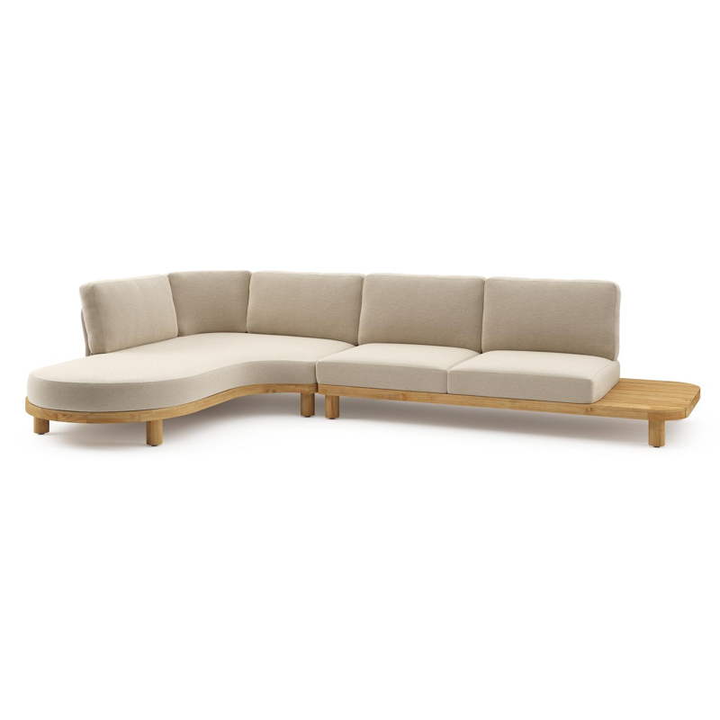 Donato loungehoek in teak en beige verticaal geweven ronde rope met all weather cosytica Althea Chalk kussen