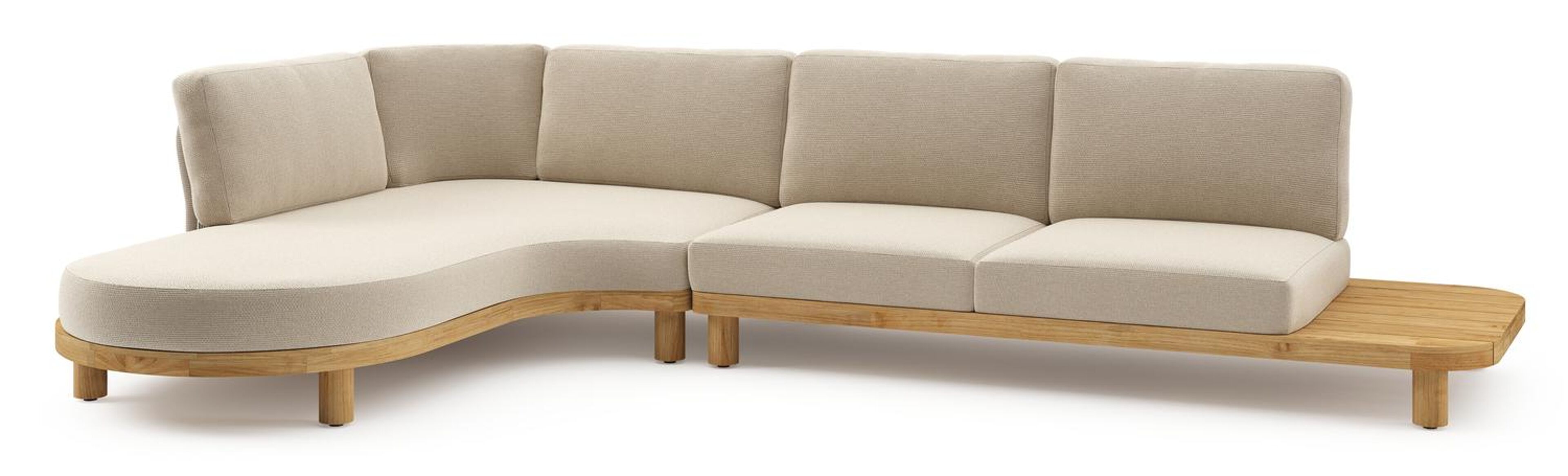Donato loungehoek in teak en beige verticaal geweven ronde rope met all weather cosytica Althea Chalk kussen