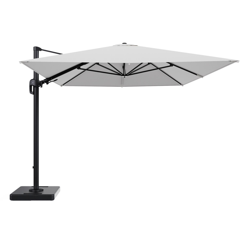 Rufina zweefparasol tiltfunctie in zwart aluminium en parasoldoek in All Weather Solica Ego Birch - L1 400 x L2 300 cm met parasolvoet Lapido 160 kg