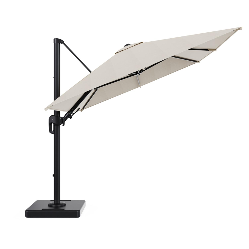 Rufina zweefparasol tiltfunctie in zwart aluminium en parasoldoek in All Weather Sunbrella® Premium Beige - L1 350 x L2 250 cm met parasolvoet Lapido 160 kg